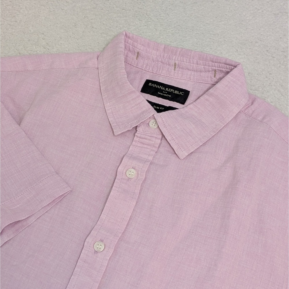 Banana Republic Mens Slim Shirt Large Pink Linen Blend Lightweight‎ Short Sleeve
